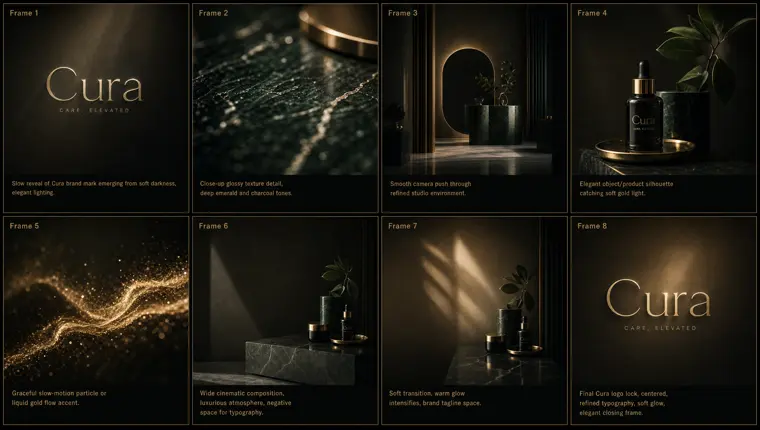 Cura storyboard — eight frames, from the brand mark reveal to the final logo lock